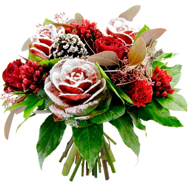Kerstboeket met besneeuwde bloemen
